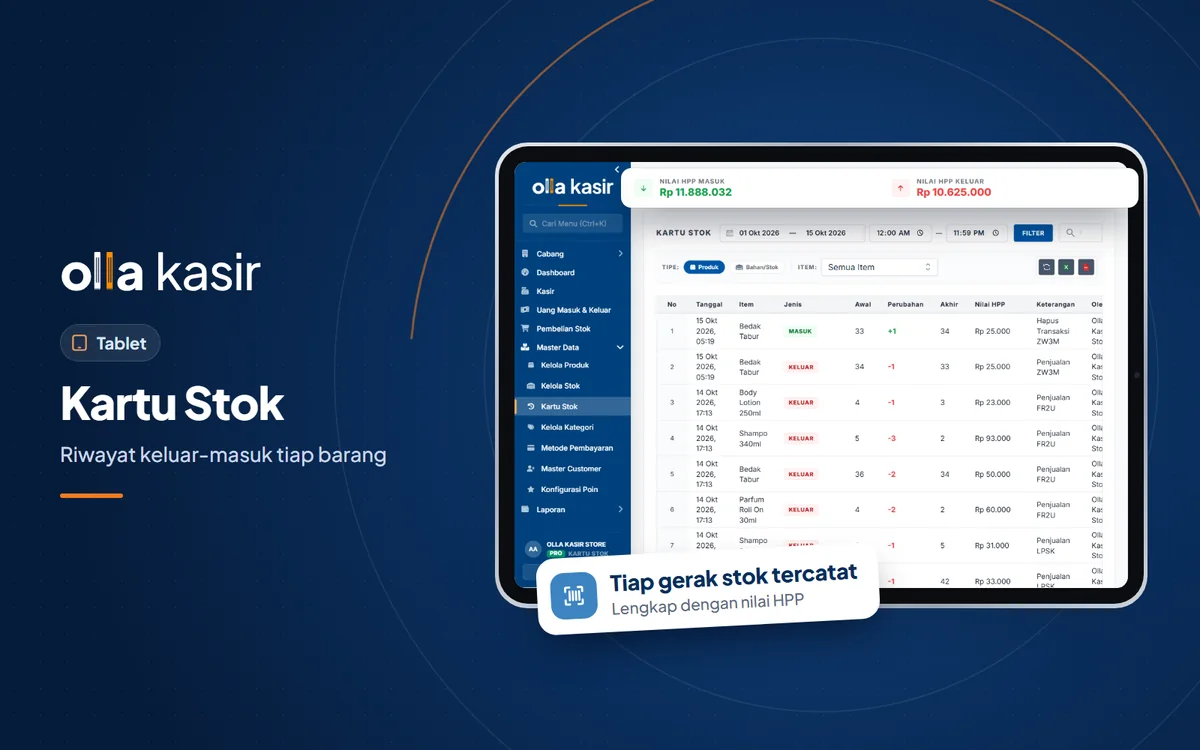 Kartu stok keluar-masuk barang di aplikasi Olla Kasir