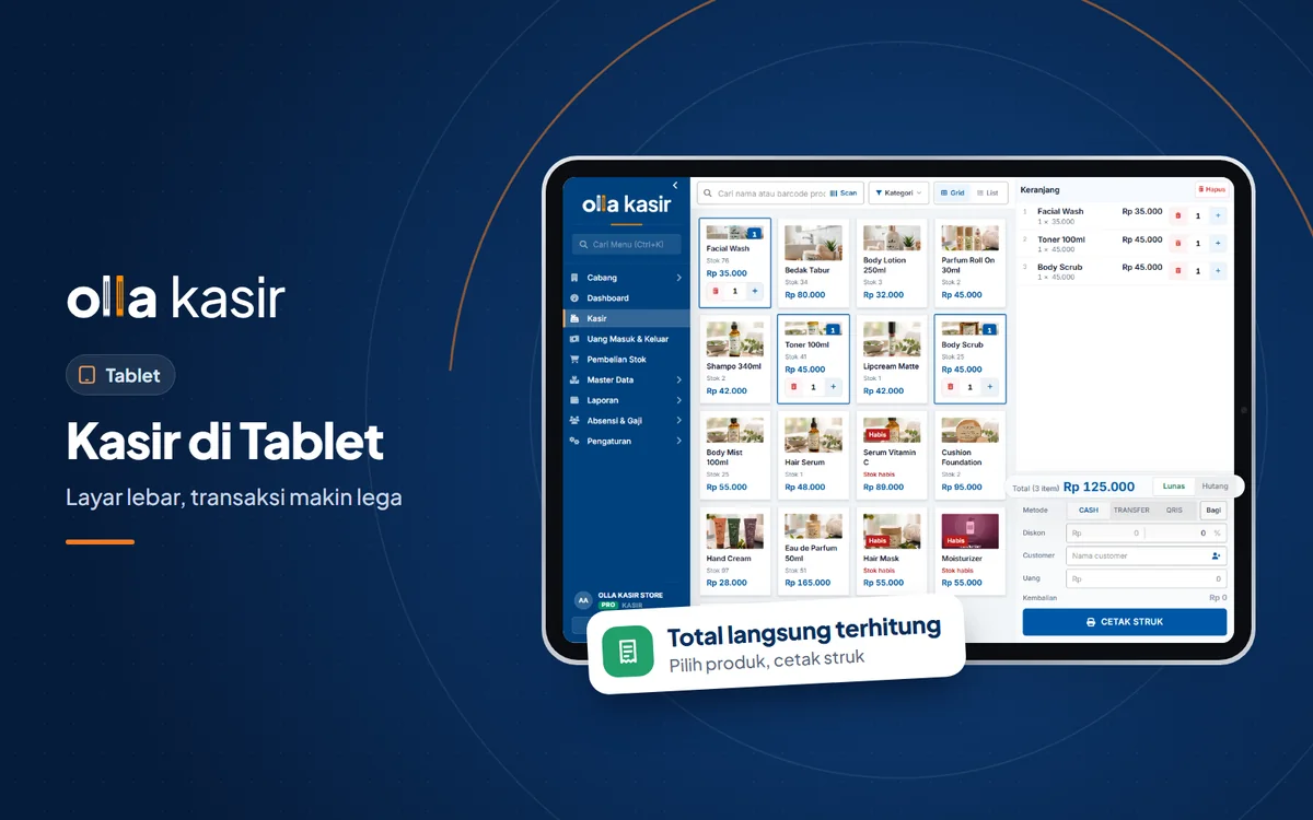 Layar kasir Olla Kasir di tablet untuk warung: daftar produk dan keranjang belanja